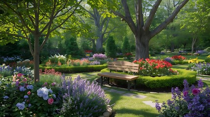 Obraz premium A stunning, ultra-realistic garden scene filled with colorful flowers, lush green plants, and beautifully trimmed bushes.