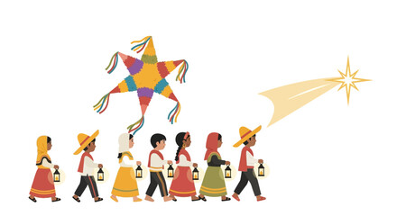 A group of children holding lanterns walking toward a shining star with a colorful piñata floating above