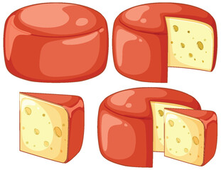 Round Cheese Wheels with Red Wax Coating and Slices