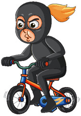 Female Robber in Black Suit Riding Bicycle Cartoon
