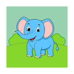 Cute blue cartoon elephant smiling in a green grassy field