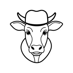 Stylized black and white line art illustration of a cow wearing a cowboy hat