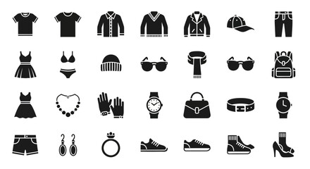 Black silhouette clothing and fashion accessories icon set isolated on white background. EPS Editable
