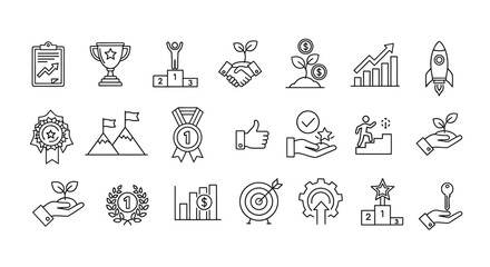 Business success achievement and financial growth thin line icon set. EPS Editable