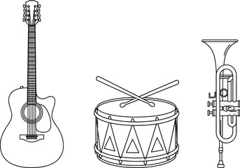 Acoustic guitar, snare drum, trumpet illustration, musical instruments vector, music band clipart, percussion, brass, string instrument set