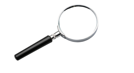 Magnifying glass with black handle and silver rim on a white circular shape isolated on a transparent background