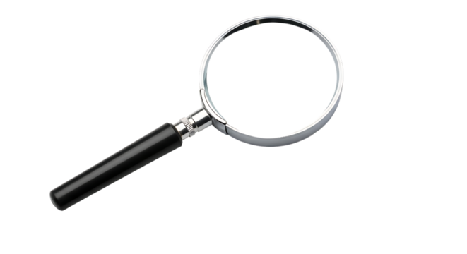 Magnifying glass with black handle and silver rim on a white circular shape isolated on a transparent background