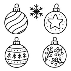 Set of hand drawn Christmas balls and snowflake. New Year and X-mas decorations. Doodle line illustration for coloring page