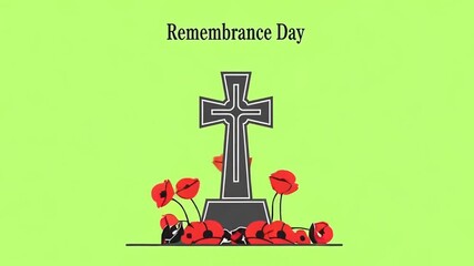 Remembering heroes this Remembrance Day with animated poppies gently swaying near a solemn cross, bringing a respectful and moving tribute to veterans in a light green backdrop