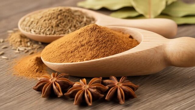 Two wooden spoons hold spices one with brown powder the other with seeds Star anise sits beneath