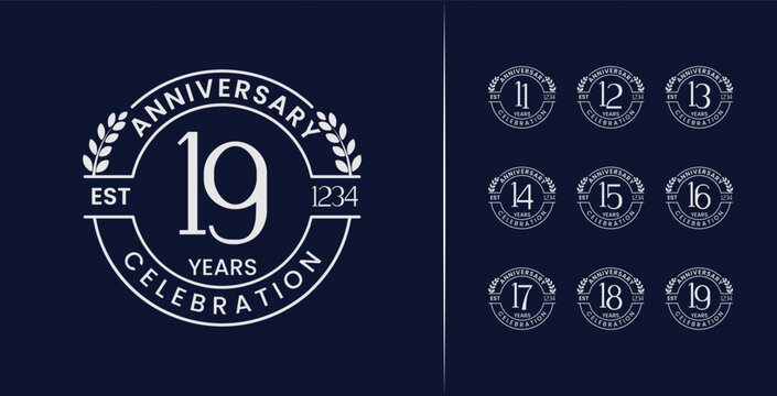 Set of birthday number logo design. 11, 12, 13, 14, 15, 16, 17, 18, 19, premium anniversary symbol with wheat and elegant concept. Years badge vector template