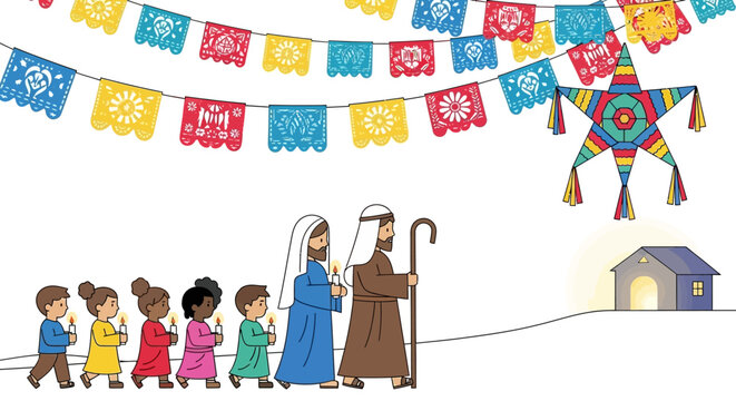 A posada procession Children Mary Joseph and banners walk towards a house