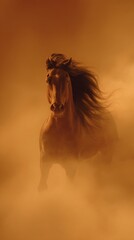 galloping. A majestic stallion galloping through desert haze, mane flowing in sunset light. inspiring travel planning, wildlife magazines, designed for eco-tourism storytelling.