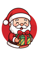 Cute cartoon Santa Claus holding a festive green and red gift box with a happy expression, isolated on a red circular background.