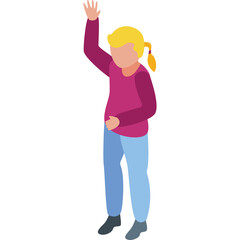 Pixelated Blonde Haired Person Wearing Pink Shirt Light Blue Jeans and Black Shoes Waving Hand in a White Transparent Background