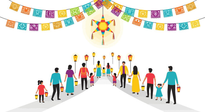 A street adorned with colorful papel picado banners above people carrying lanterns towards a glowing pi&ntilde;ata