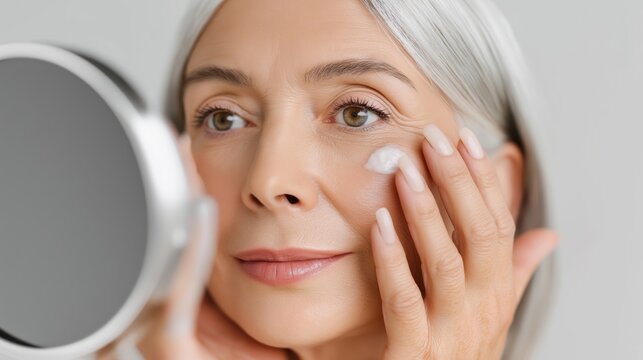 Mature caucasian woman applying skincare cream
