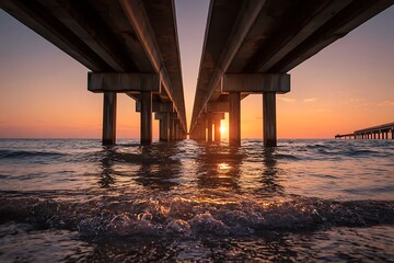 Stunning coastal sunrise under a pier, tranquil ocean waves reflecting the vibrant morning light, offering a serene and peaceful escape for your project