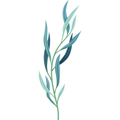 Delicate Green and Blue Leafy Branch with Realistic Pixel Art Texture on Transparent Background Isolated