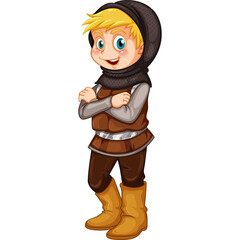 Pixel Art Young Boy Knight Character Wearing Brown Tunic Hooded Cowl and Boots Standing With Arms Crossed Against Transparent Background
