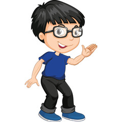Pixel Art Young Boy With Black Hair Wearing Glasses Blue T Shirt and Black Pants Waving Hello On Transparent Background