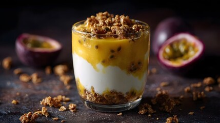 Layered passion fruit yogurt parfait with granola in a glass served with fresh passion fruit halves