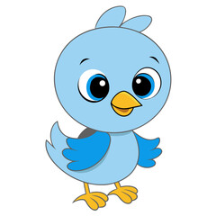 Cute blue baby bird cartoon character with big eyes silhouette