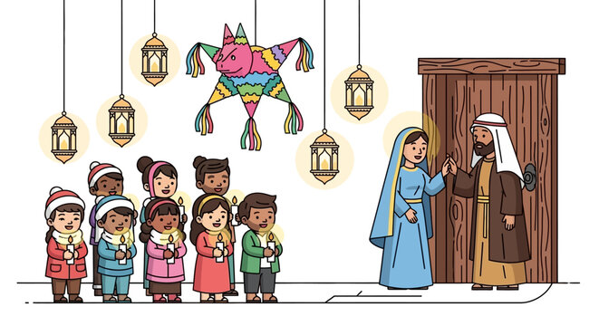 Cartoon depiction of Las Posadas with Mary and Joseph seeking shelter Children hold candles lanterns hang pi&ntilde;ata is visible