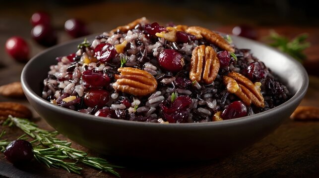 A vibrant wild rice salad with cranberries and pecans artfully presented in a rustic bowl with fresh rosemary garnish