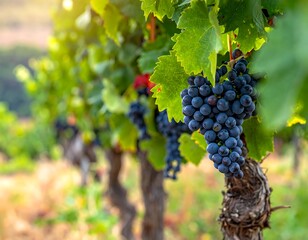 Fototapeta premium Close-up of ripe, dark grapes hanging on a vineyard vine
