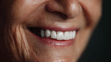 Fototapeta premium Close up of a happy mature person s smile with bright white teeth and aged skin textures