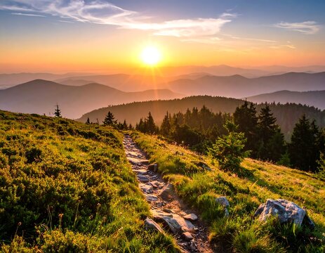 Golden hour sunlight bathes a mountain path towards a distant horizon