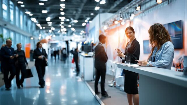 Large gathering of professionals at a blurred trade event exhibition showcasing products and networking opportunities in a modern venue during daytime hours