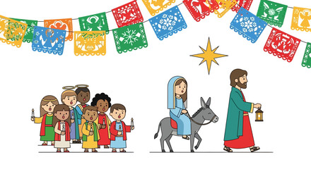 Cartoon nativity scene w Mary on donkey Joseph w lantern children holding candles banner  star