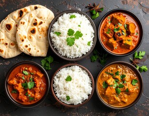 Top view of Indian curry served with basmati rice, naan bread, and chutney on a rustic table, rich spices and vibrant colors