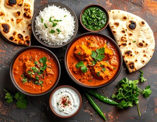 Top view of Indian curry served with basmati rice, naan bread, and chutney on a rustic table