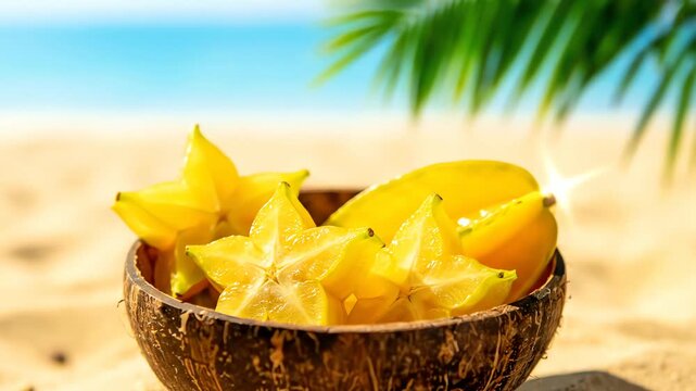Star Fruit Display in Coconut Bowl on Tropical Beach