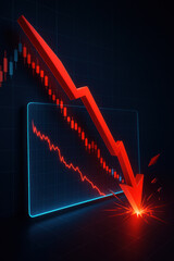 Dramatic stock chart visualization of business loss. red arrow representing economy downturn breaks through screen, symbolizing financial crisis on dark background
