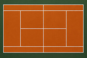Vibrant orange tennis court awaits exciting competition, featuring striking green border and crisp white line creating clear boundaries. Top down view reveals symmetrical layout, clean design