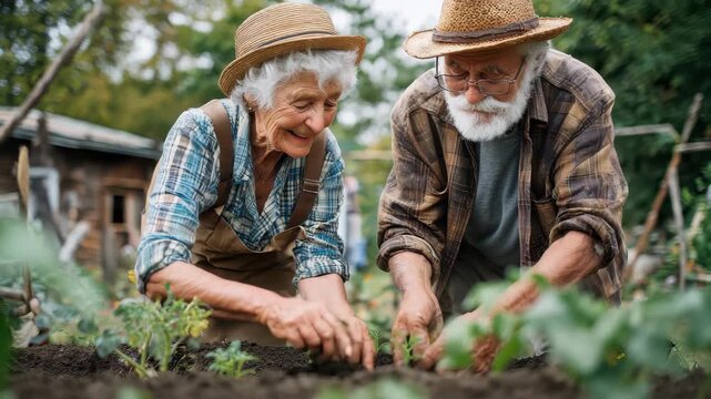 Happy grandparents enjoying a sunny day gardening together in their backyard, planting flowers and vegetables with joy and laughter - Powered by Adobe