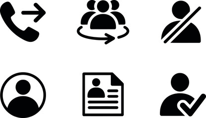 Set of 6 minimalist black and white icons representing communication and user management concepts vector