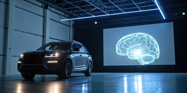A futuristic SUV is showcased in a dimly lit space, with a large screen displaying a glowing brain image, suggesting advanced technology and intelligence.