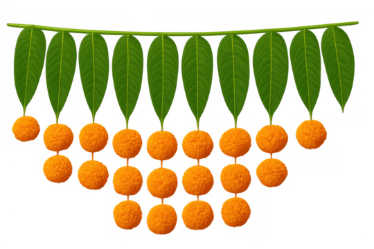 Indian toran with mango leaves and marigold flowers decorating for festivals like diwali, transparent background - Powered by Adobe