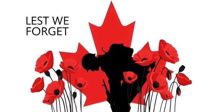 Remember the fallen soldiers with this powerful video showing a poppy field, a maple leaf, and a soldier silhouette, evoking remembrance, respect, and gratitude for their service