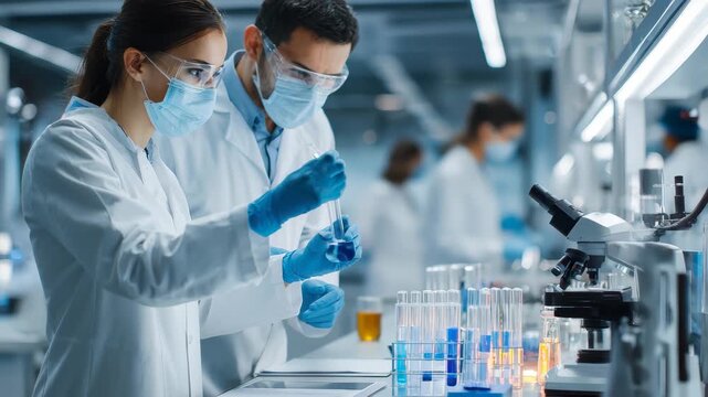 Biomedical engineers test and analyze medical equipment in a modern laboratory setting during a collaborative research session