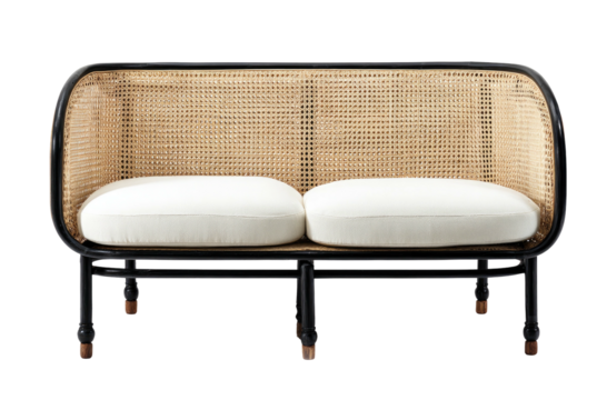 Cane-backed settee with black metal frame, two white cushions