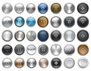 Assorted colorful and metallic buttons arranged in neat rows