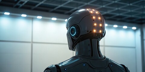 A futuristic robot with illuminated features stands in a modern, well-lit environment, showcasing advanced technology and design.