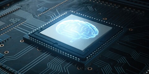 A digital circuit board features a glowing holographic brain, symbolizing the intersection of technology and artificial intelligence.
