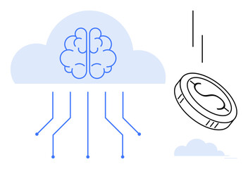 Brain within cloud connected to data lines, coin falling beside it. Ideal for finance, AI, cloud computing, data, innovation, digital economy technology. Simple flat metaphor